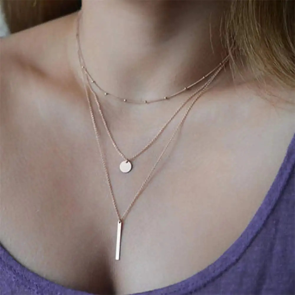 925 Sterling Silver Simple Three Layer Necklace Shiny Long Bar Pendant Women Wedding Gifts Exquisite Accessories250910