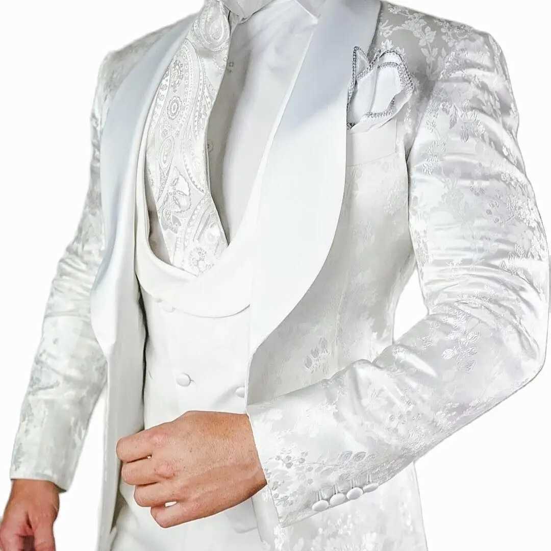 3 Piece White Floral Men Suits for Wedding 2024 Groom Tuxedo Slim Fit Suit Satin Shawl Lapel Custom Male Fashion Costume Homme W250910
