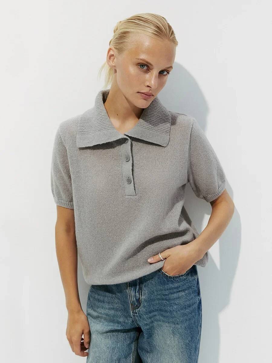Wolfeel Summer New Polo Collar Hollow Short Sleeved Women's Bubble Sleeve T-shirt Female Simple Knitted Sweater dongdumaoyi