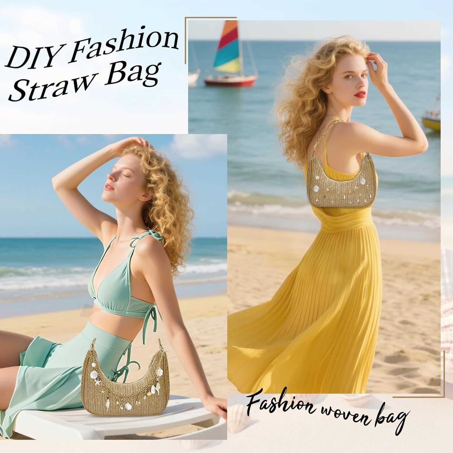Beach Purse Straw Shoulder Bag for Women Summer Purse with Shell Pearl Bag Charms 2Pcs Detachable Strap Chain M250910