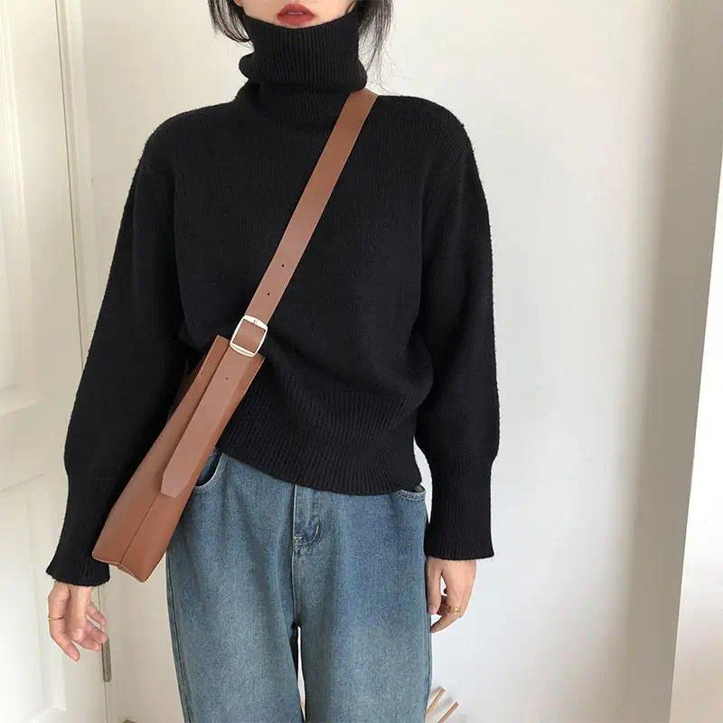 Elevated Knitwear Autumn New Bottoming High Neck Sweater Solid Color Vintage Knitwear Tops Oversized Sweater Women Jumper Streetwear