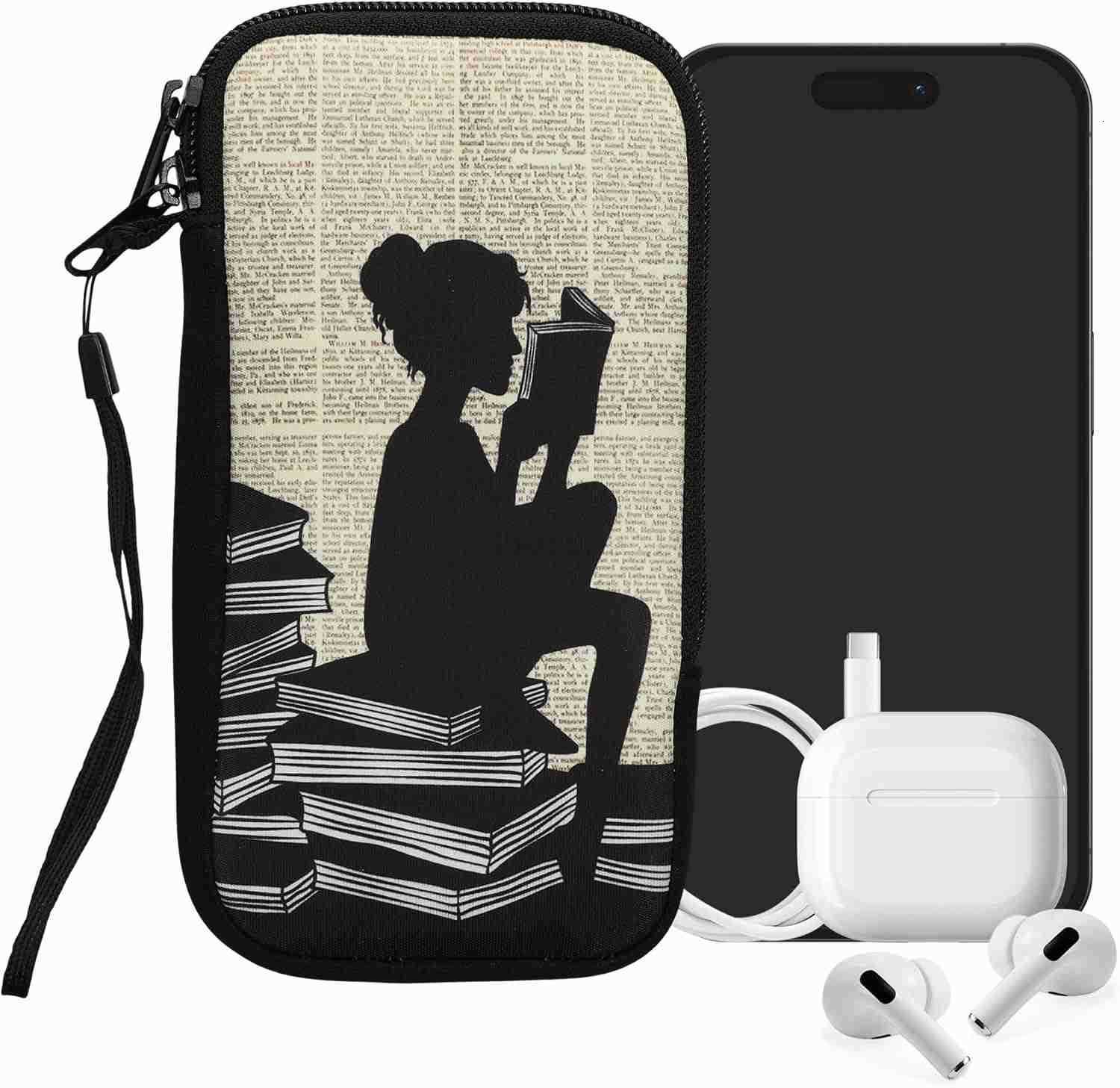 Neoprene Sleeve for Smartphone Size XXL 7 Shock Absorbing Pouch Case Protective Phone Bag Girl and Books BlackBeige Z250910