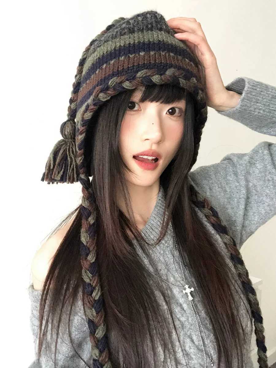 Retro Striped ColorBlocked Knitted Braided Woolen Hat For Women With Wool Earmuffs For Warmth In Autumn AndXJ250910