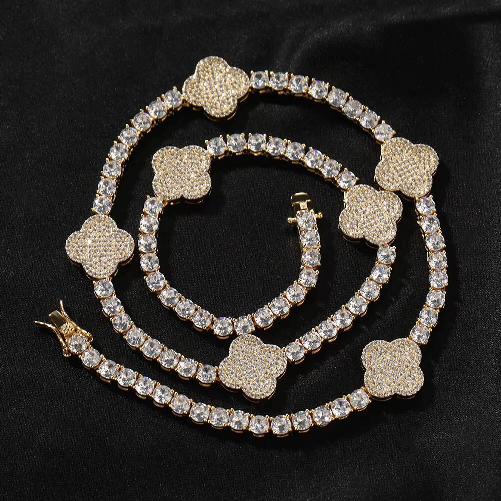 UWIN Big 15mm 4 Leaf Clover Necklace 18K Gold Plated 5A CZ Crystal Clover Flower Tennis Chain Bracelet Necklace