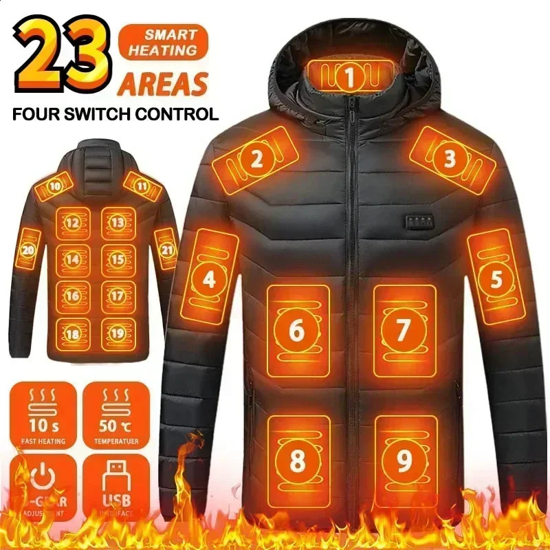 23 Areas Heated Jacket Mens Winter USB Electric Parkas Smart SelfHeating Clothes Camping Ski Down Cotton Padded Coat 250910