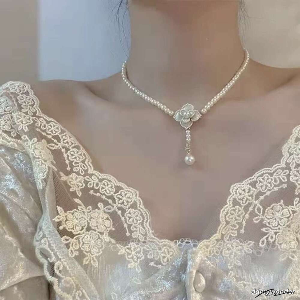 French Style Pearl Necklace Elegant Camellia Petal Collarbone Chain Bridal Choker Wedding Dress Evening Gown Three-Piece Set ddmywonder ddmywonder