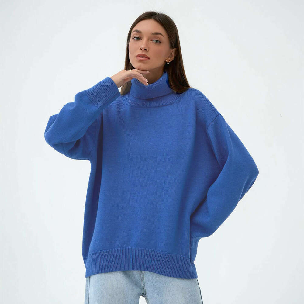 2025 European and American Autumn Winter Loose Knitted Pullover for Women, Solid Color Turtleneck Sweater