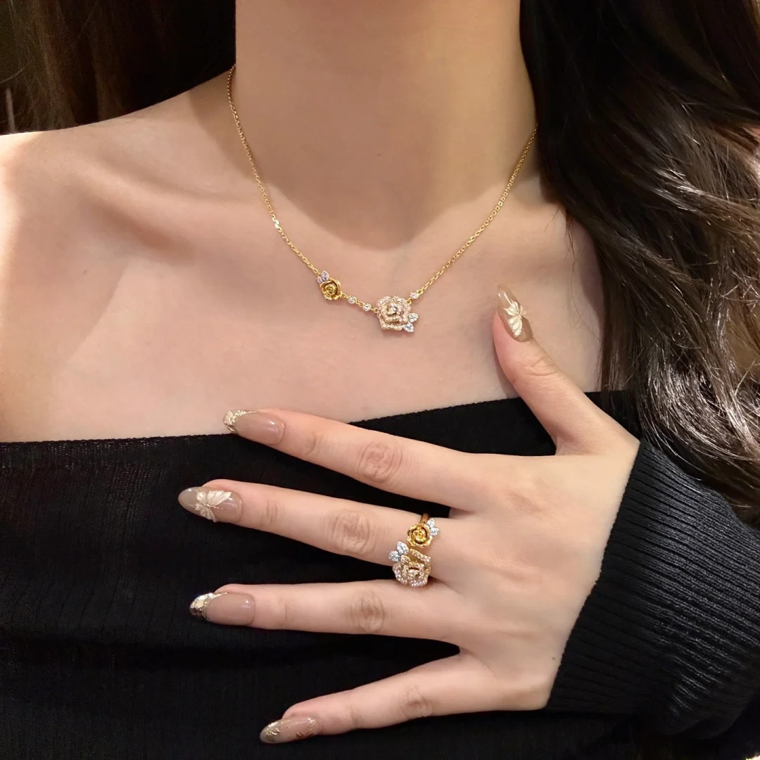 Jewellery Set French Retro Luxury Gold Plated Twin Rose and Camellia Cubic Zirconia Necklace Bracelet Ring for Wedding Anniversary Gift High Quality T