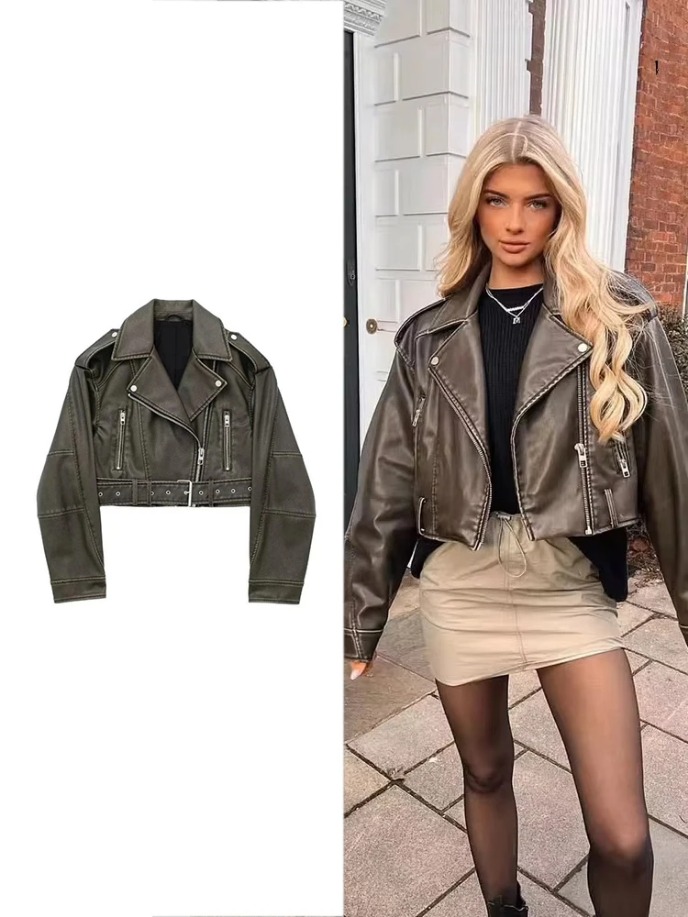 Women's Leather Outerwear Revival Jacket Belt Shoulder Badge Zipper Lapel Jacket Handsome Washed Leather Motorcycle Clothing