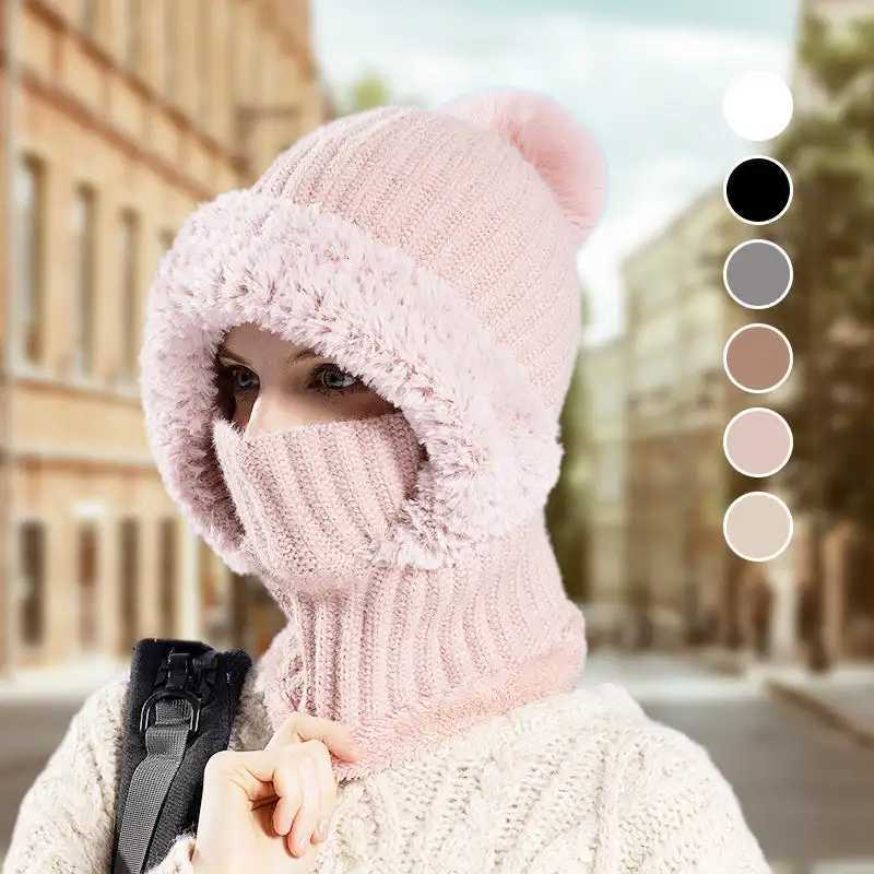 Winter Fleece Lined Knitted Hat with Ear Fls Windproof and Warm Hooded Neck Gaiter for Outdoor SportXJ250910