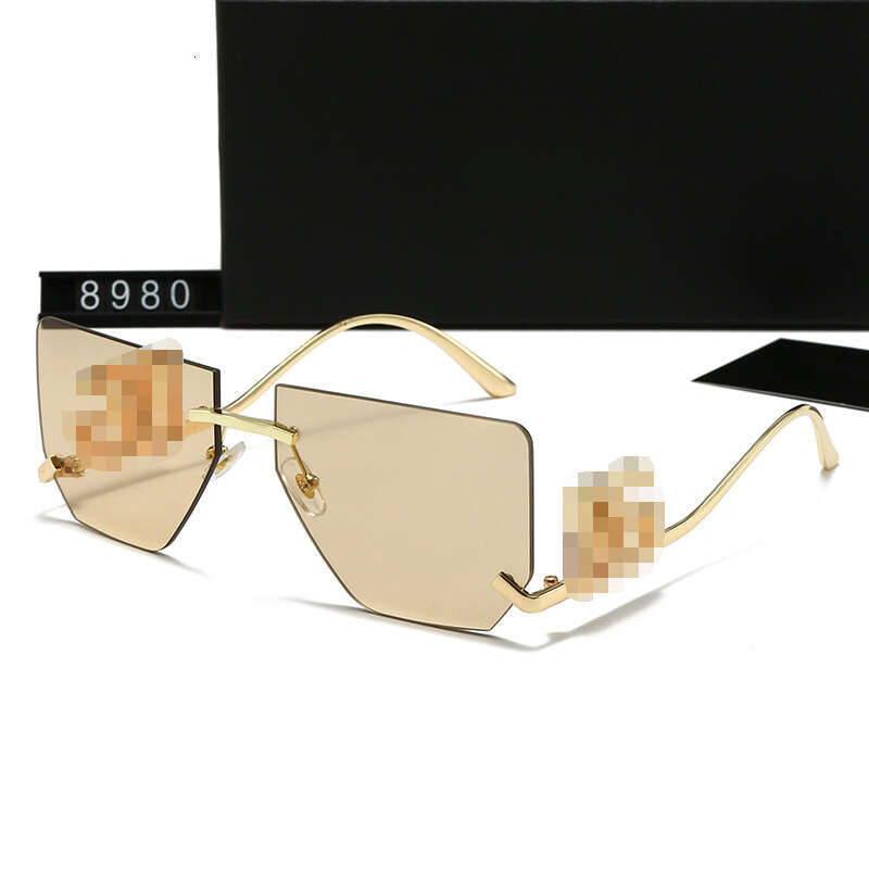 New Men and Women Metal fashion Rimless Cut Edge Large Frame Curved Leg Hollow Letter Sunglasses Korean Street Style Glasses 8980