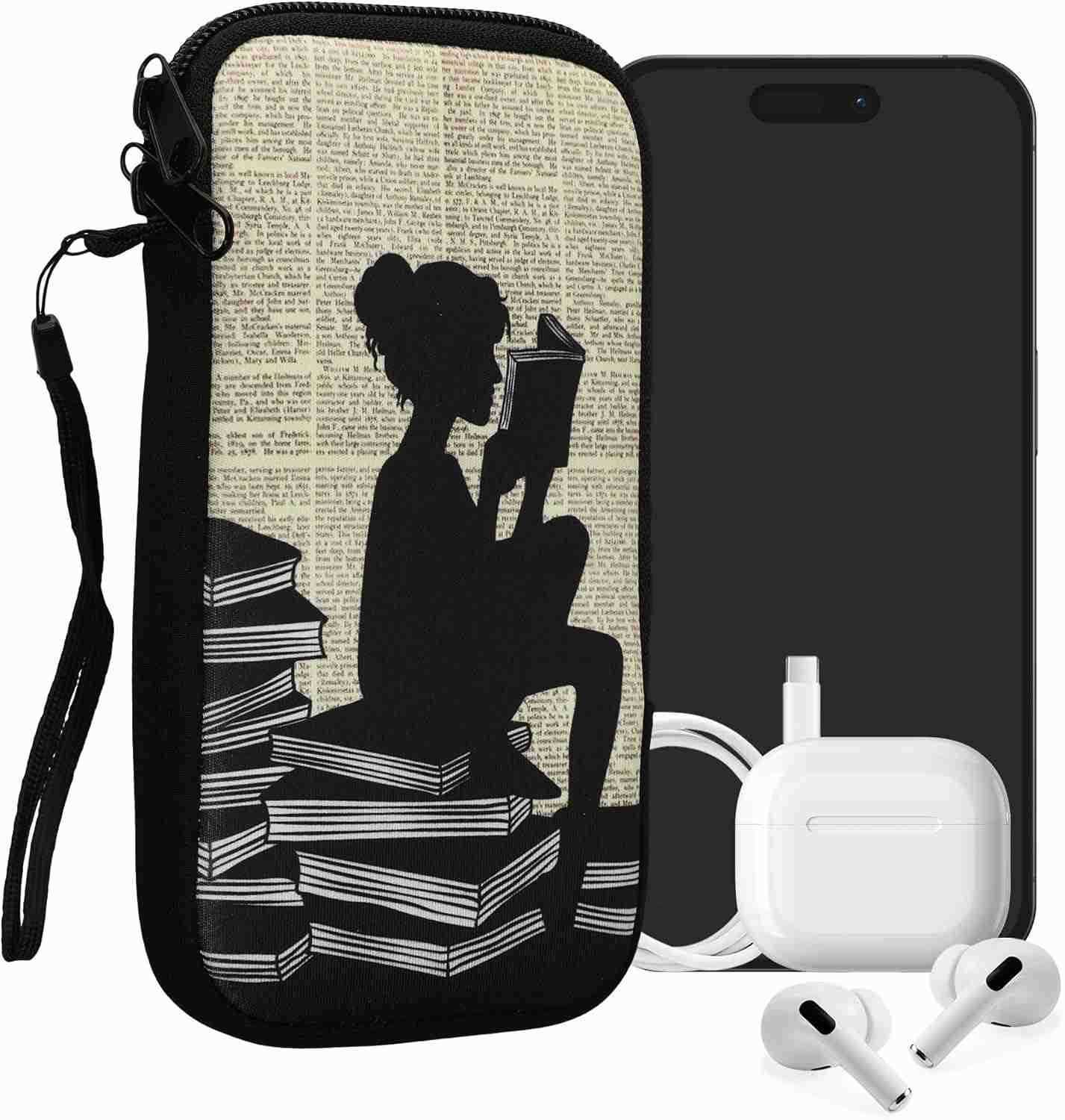 Neoprene Sleeve for Smartphone Size XXL 7 Shock Absorbing Pouch Case Protective Phone Bag Girl and Books BlackBeige Z250910