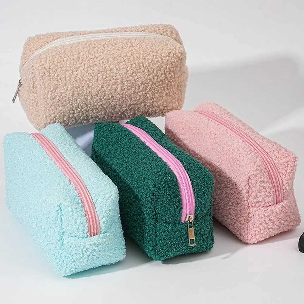 Zipper Plush Cute Large Solid Color Cosmetic Bag Makeup Bag for Women Travel Make Up Toiletry Bag Washing Pouch Pen PouchXJ250910