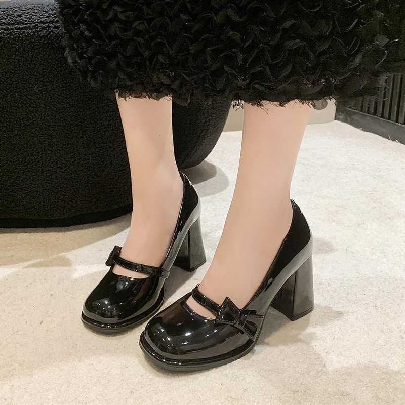 Sweet Bow High Heels Slip on Mary Shoes Womens Cute Round Shape Toe Cap Party Shoes for Women Patent Leather Pumps W250910