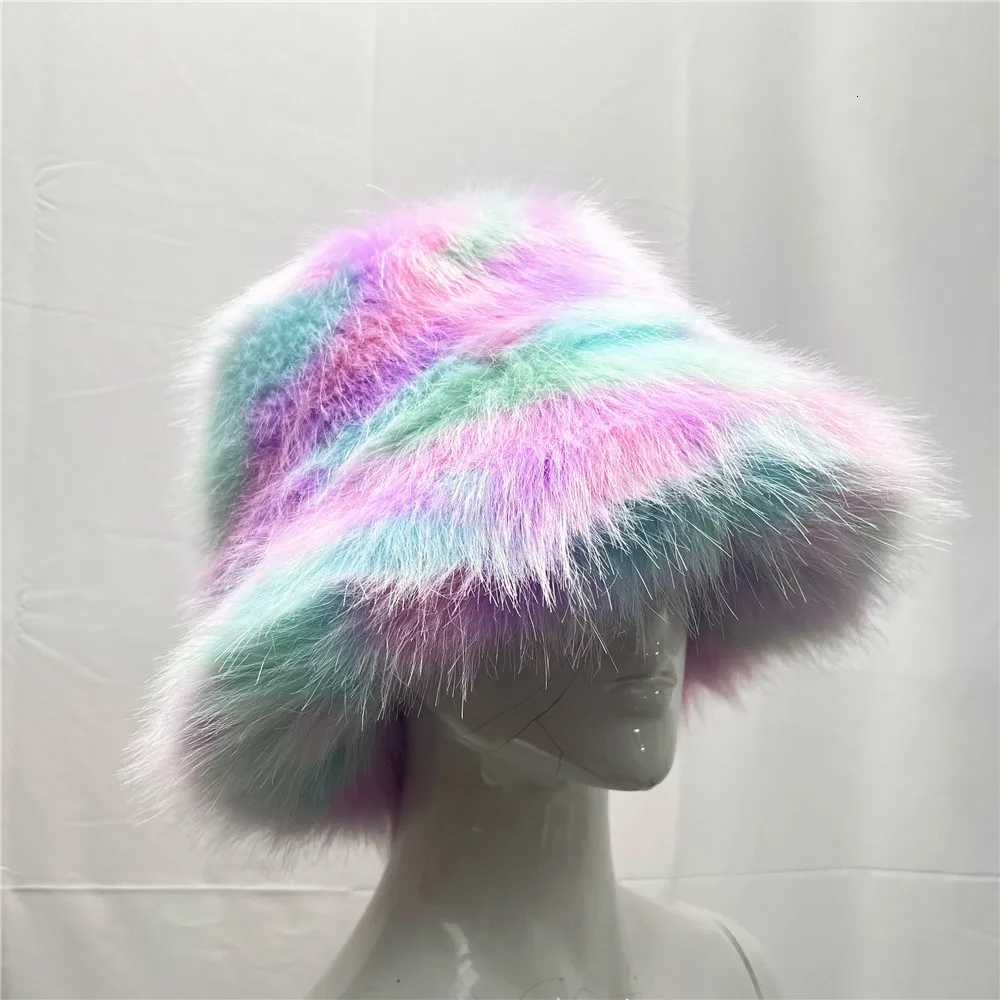 Big Faux Fur Hat Women Elegant Autumn Winter Fur Luxury Fashion Party Panama Fisherman Hat Warm Bucket Hat 2023XJ250910