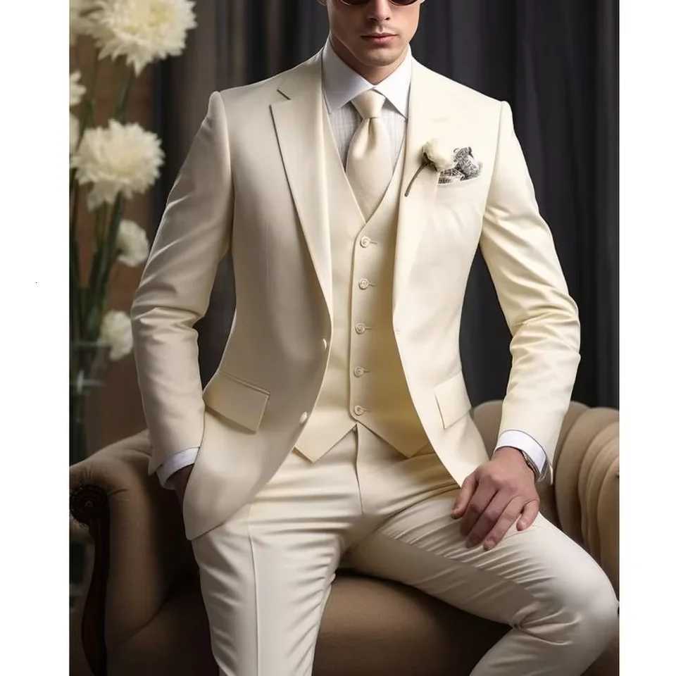 Ivory Notch Lapel Men Suits 3 Piece Summer Fashion Single Breasted Smart Casual Suit Slim Formal Groom Wedding Tuxedo 2025 W250910