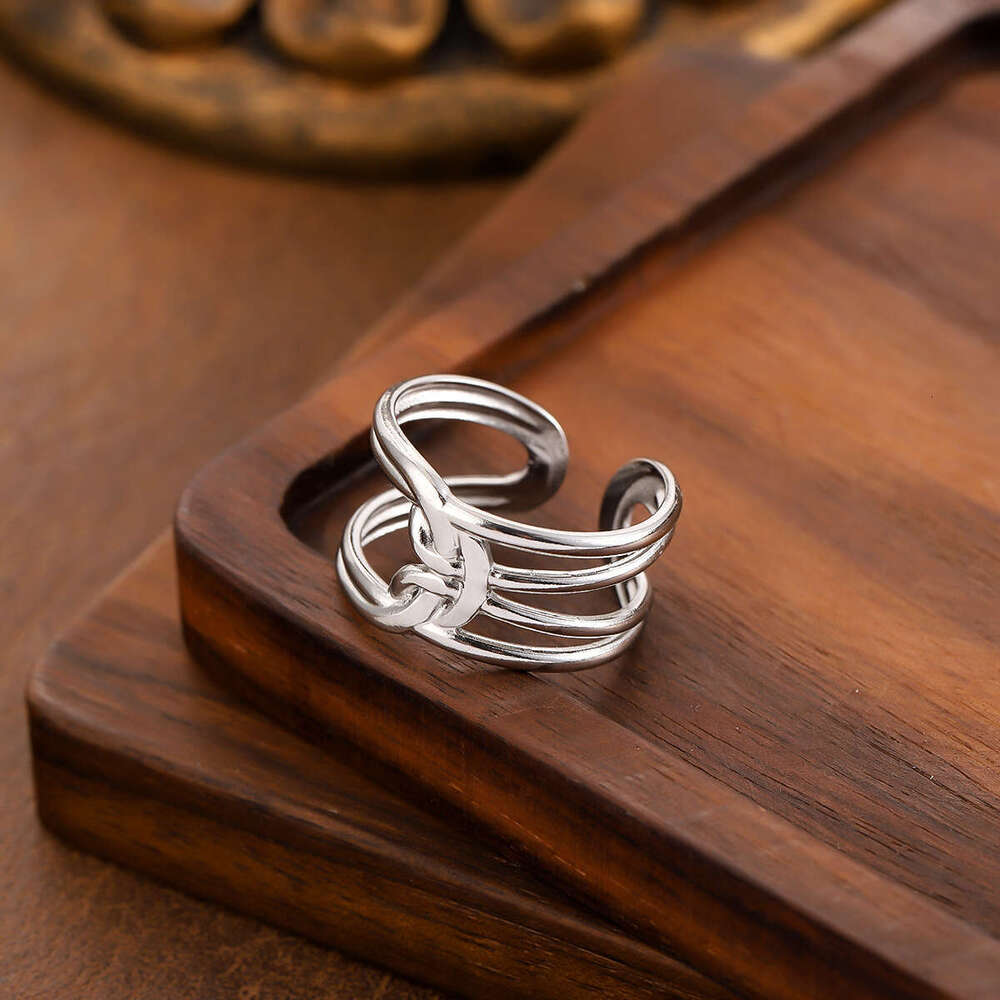 New Elegant Line Knot Design Open Stainless Steel for Women, Vacuum Gold Plated, Non-Fading Ring