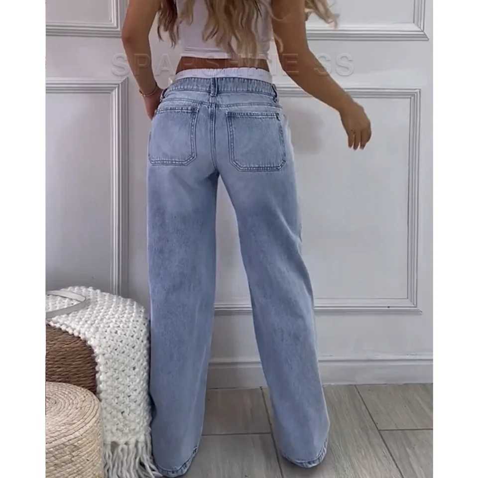 Women Spliced Belt Loose Jeans High Waist Wide Leg Jeans Vintage Denim Pants Streetwear Fashion Y2K Punk Trousers Z250910