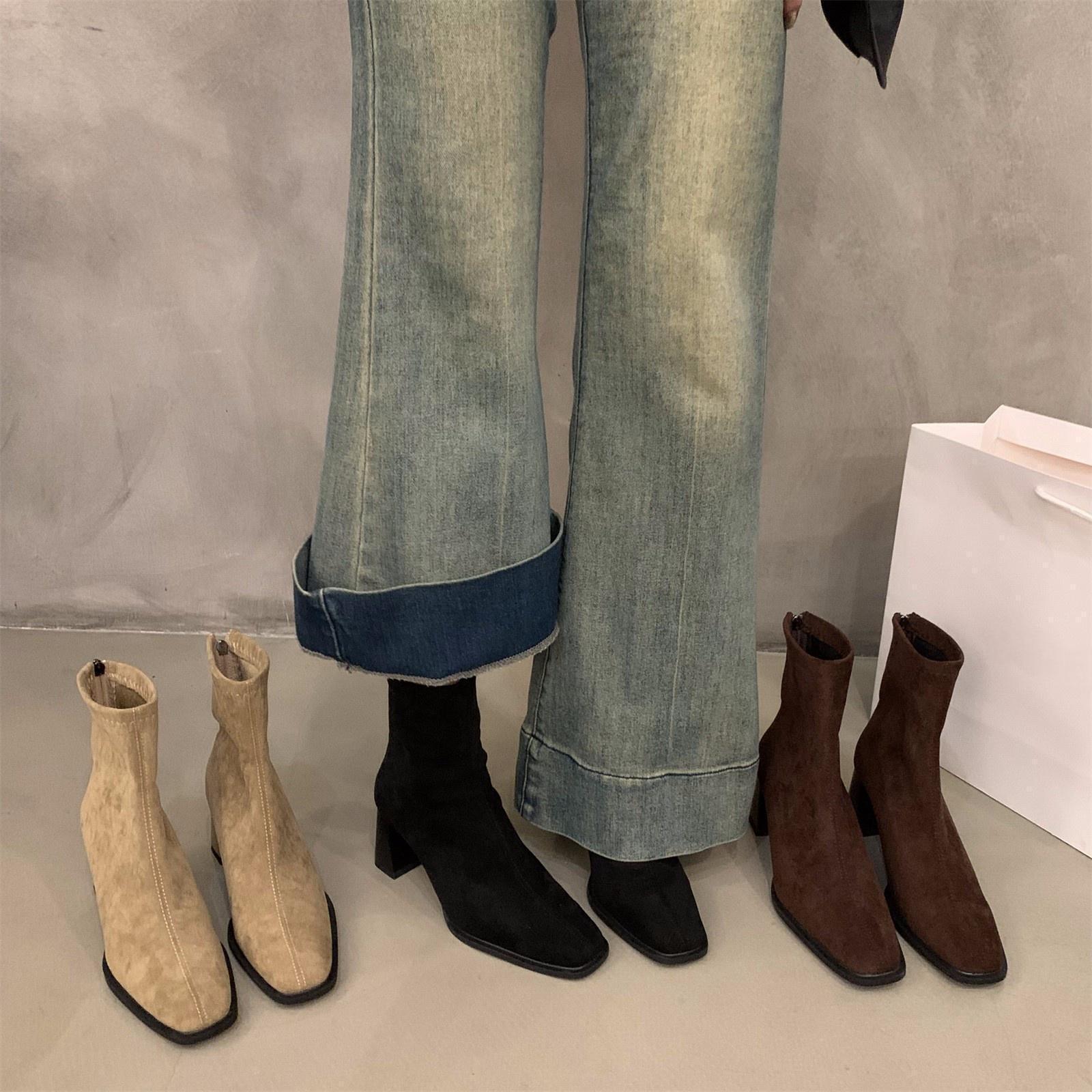 Autumn new designer high heels Korean high heels ankle boots suede Martin boots women's shoes wool lined square toe slim fit short boots