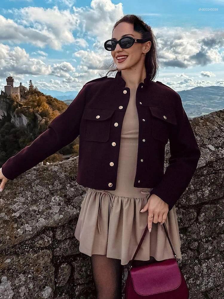 Women's Jackets ZBZA Retro Wine Red Cropped Jacket Stand Collar Long Sleeve Buttoned Epaulettes Patch Pocket Coat Fall Winter