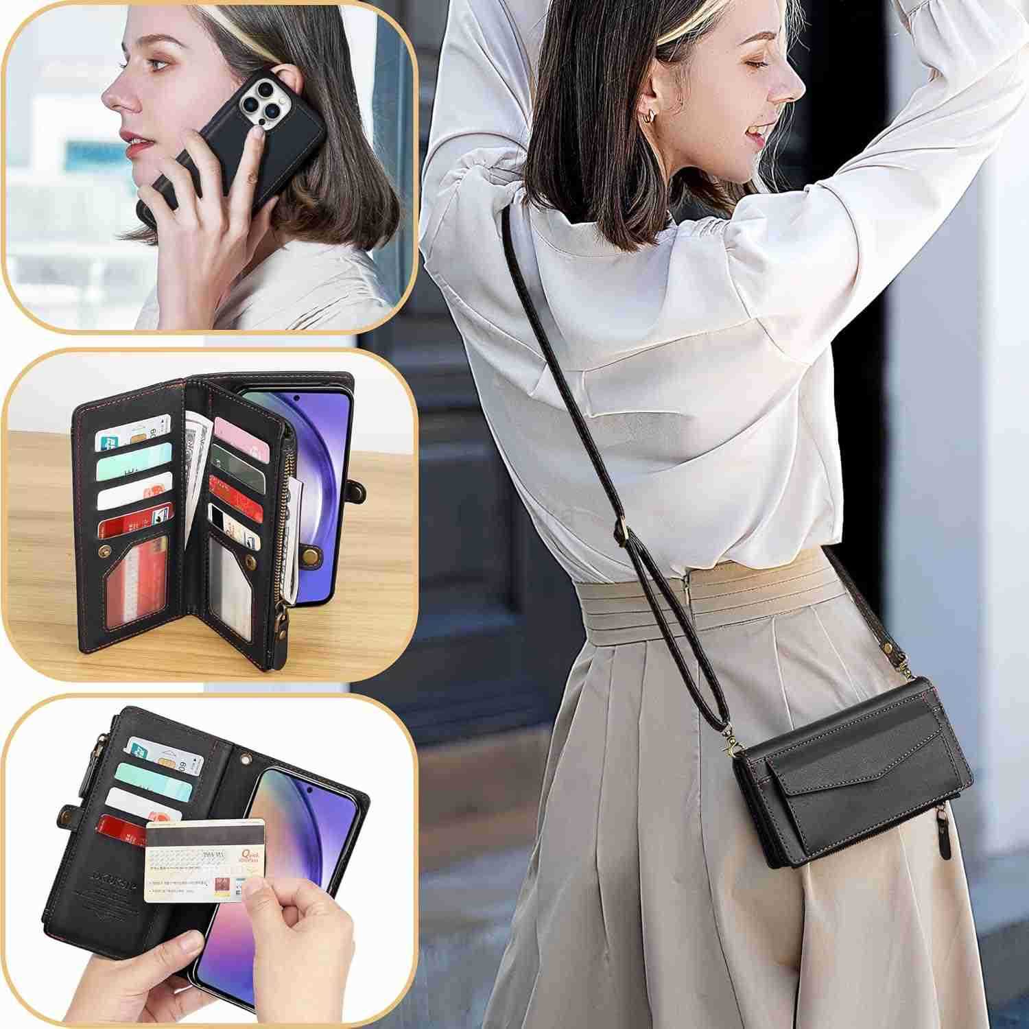 for iPhone 16 Pro Wallet Case for Women Support Wireless Charging with RFID Blocking Card Holder PU Leather Wallet Detachable Magnetic Phone Case Cros