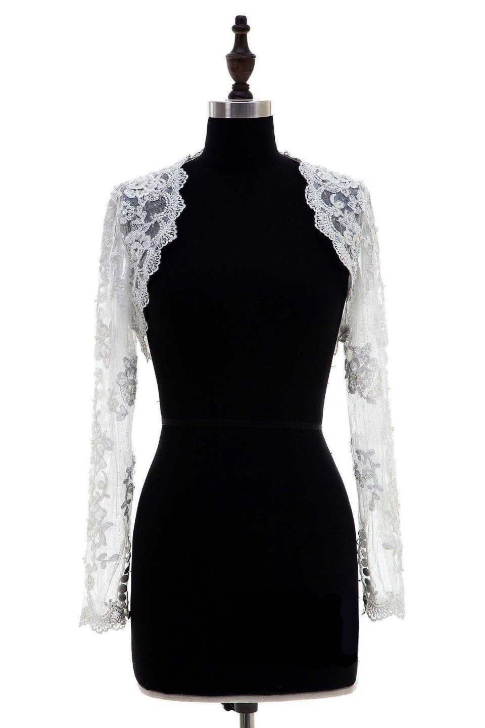 New Arrive White Ivory Bridal Bolero Lace Appliques Wedding Accessories Bridal Wraps Jackets Front Open Long Sleeve Customized