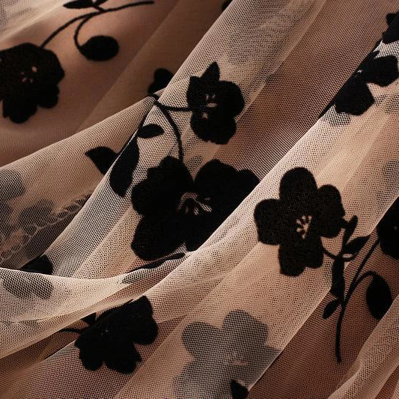 Elegant Floral Women Tulle Skirts High Waist Korean Flocking Pleated Midi Mesh Summer Office Ladies Skirt 250910