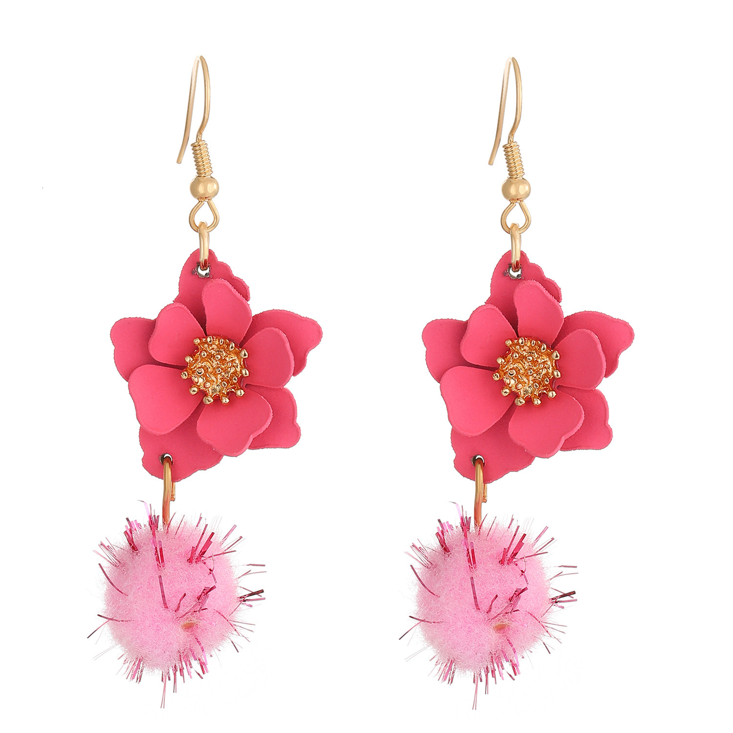 New Colorful Matte Flower For Women Creative Design Gold Thread Pom-Pom Petal Drop Earrings