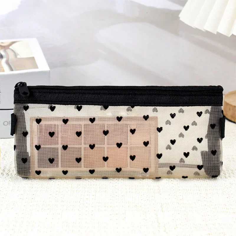 Clear Mesh Cosmetic Makeup Bags Case Makeup Brush Holder Cute Transparent Zipper Black Heart Printed Pencil Pen Case PouchXJ250910