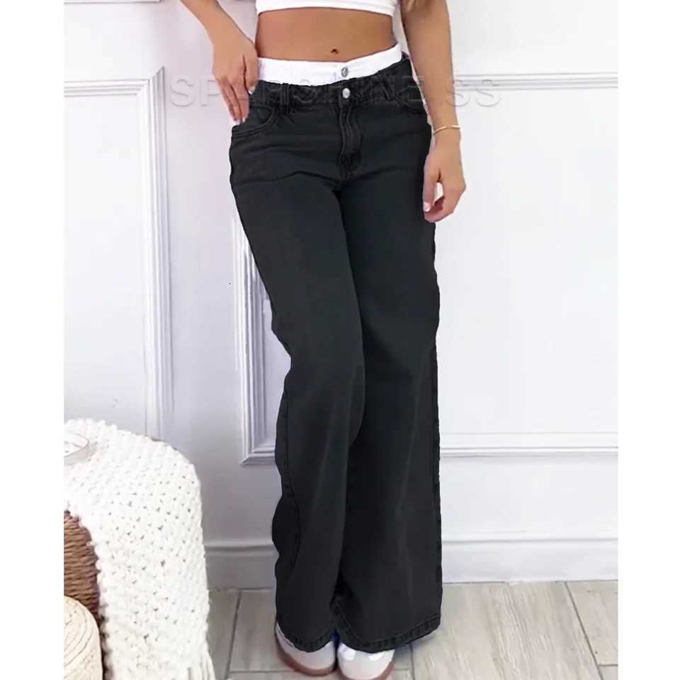 Women Spliced Belt Loose Jeans High Waist Wide Leg Jeans Vintage Denim Pants Streetwear Fashion Y2K Punk Trousers Z250910