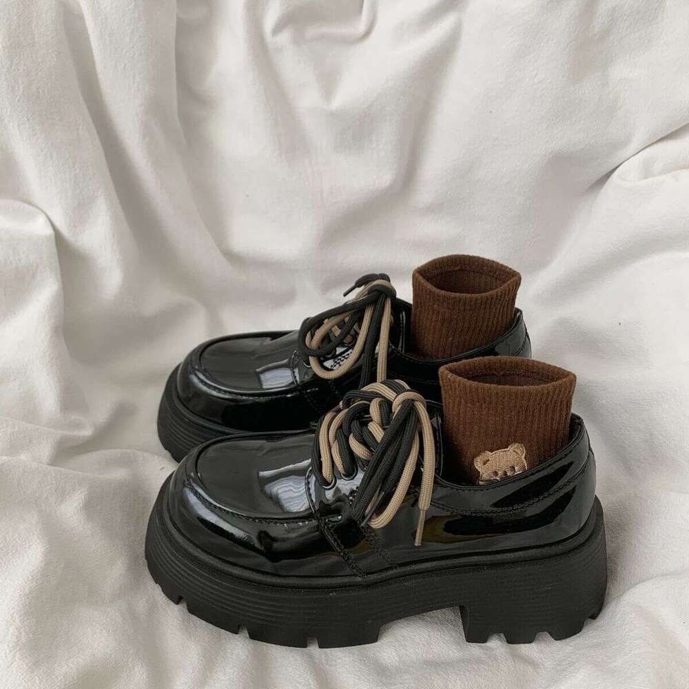Chunky Heel Thick Sole Height Increasing Lace-up Black Designer Shoe Leather for Women 2025 Autumn New British Style Single Shoes