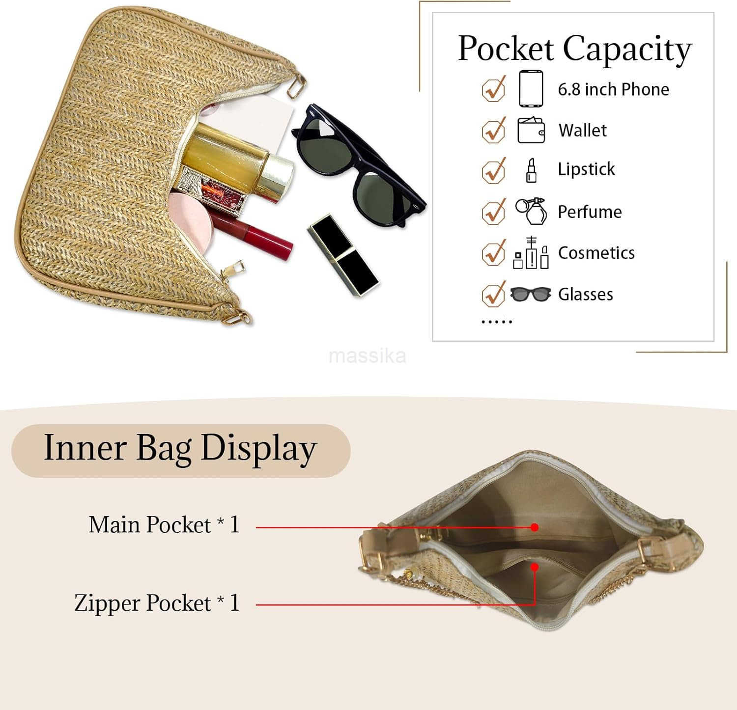 Beach Purse Straw Shoulder Bag for Women Summer Purse with Shell Pearl Bag Charms 2Pcs Detachable Strap Chain M250910