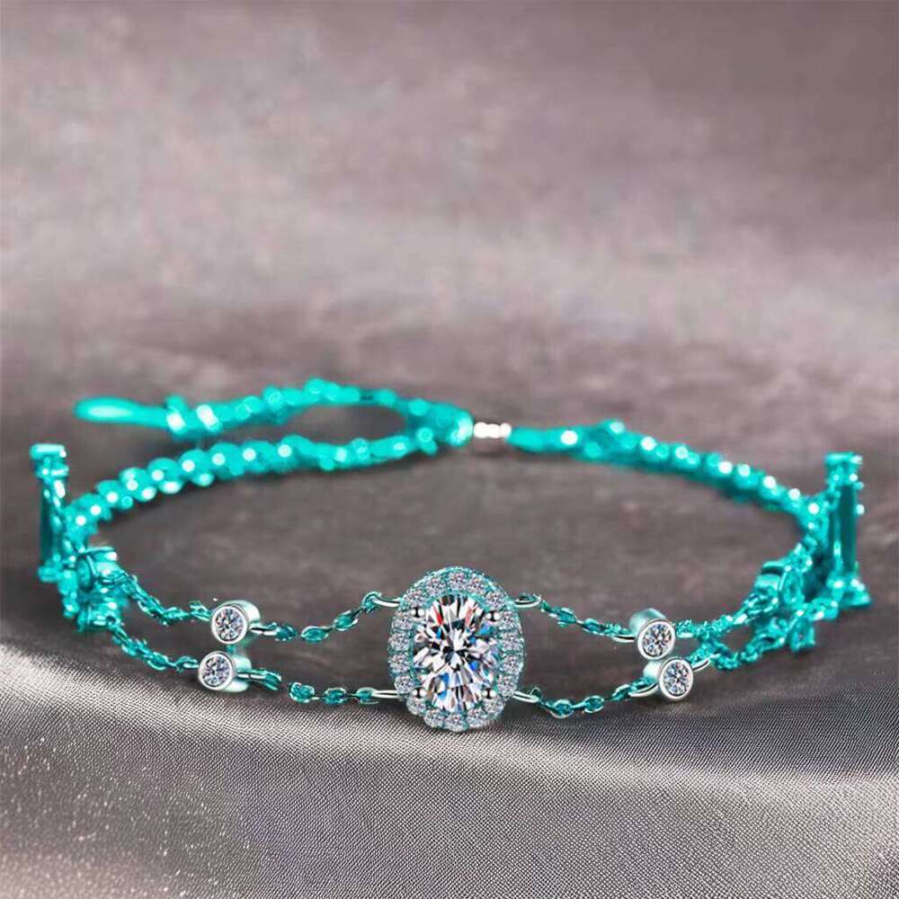 Sterling Sier Double Chain Moissanite Bracelet with Advanced Design Gold Blue Oval Fashionable Bangles