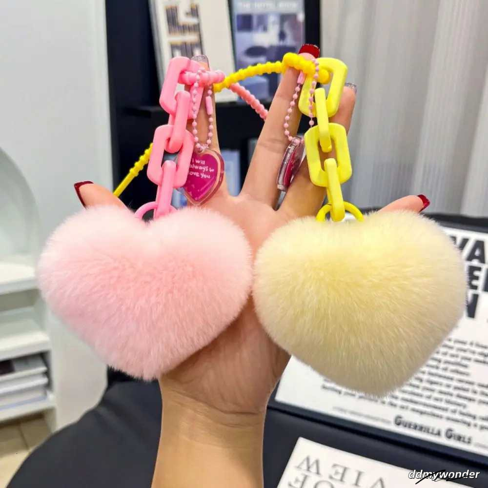 7Cm Natural Fur Heart-Shaped Ball Charm Womens Creative Soft Bag Pendant Cute Plush Toy Keychain Valentines Day ddmywonder