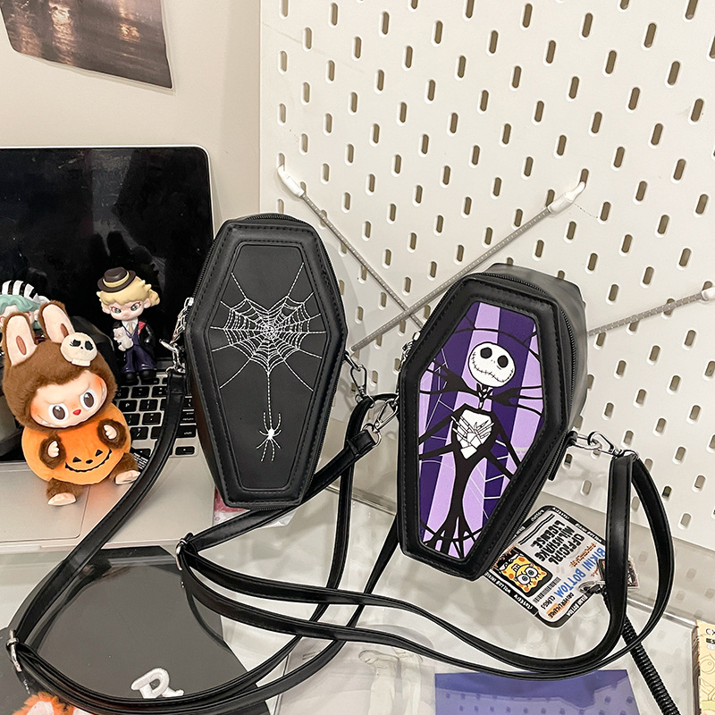 leisure 2025 Autumn New European and American Halloween Style Personalized Coffin Bag Embroidered Spider Skull Women's Shoulder Bag Designer Bag