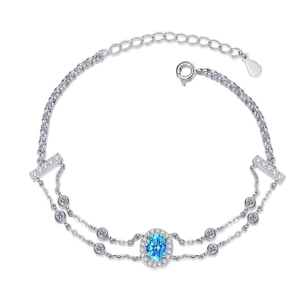 Sterling Sier Double Chain Moissanite Bracelet with Advanced Design Gold Blue Oval Fashionable Bangles
