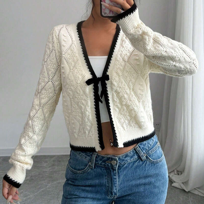 New Sweater Autumn Winter Fashion Casual Bow White Cardigan Coat For Women Trendy B3