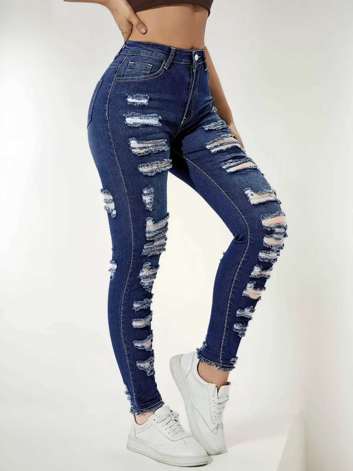 2025 New Womens High Waisted Elastic Perforated Slim Fit Jeans Fashionable Street Style Comfortable Casual Jeans Z250910