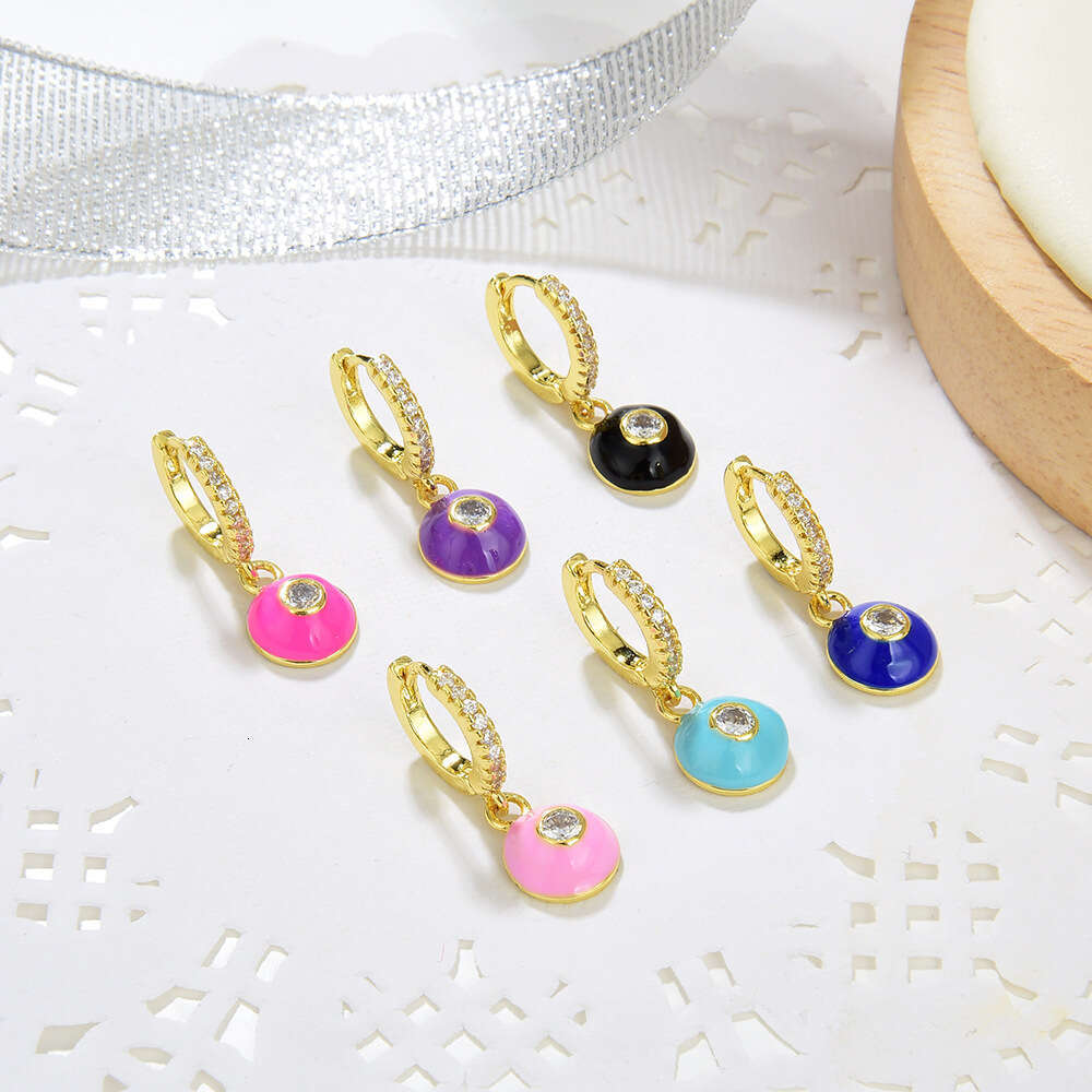 Ethnic Style Geometric Round Copper Micro Inlaid Zircon Gold for Women Fashion OL Oil Drop Earrings Single Sale