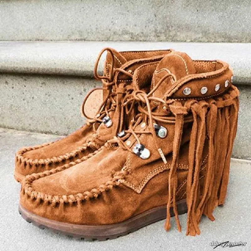 Designer Winter Cowboy Fringe Boots Women's Suede Shoes Fringe Pop Lace-Up Bohemian Flat Womens Boot 211020 241120