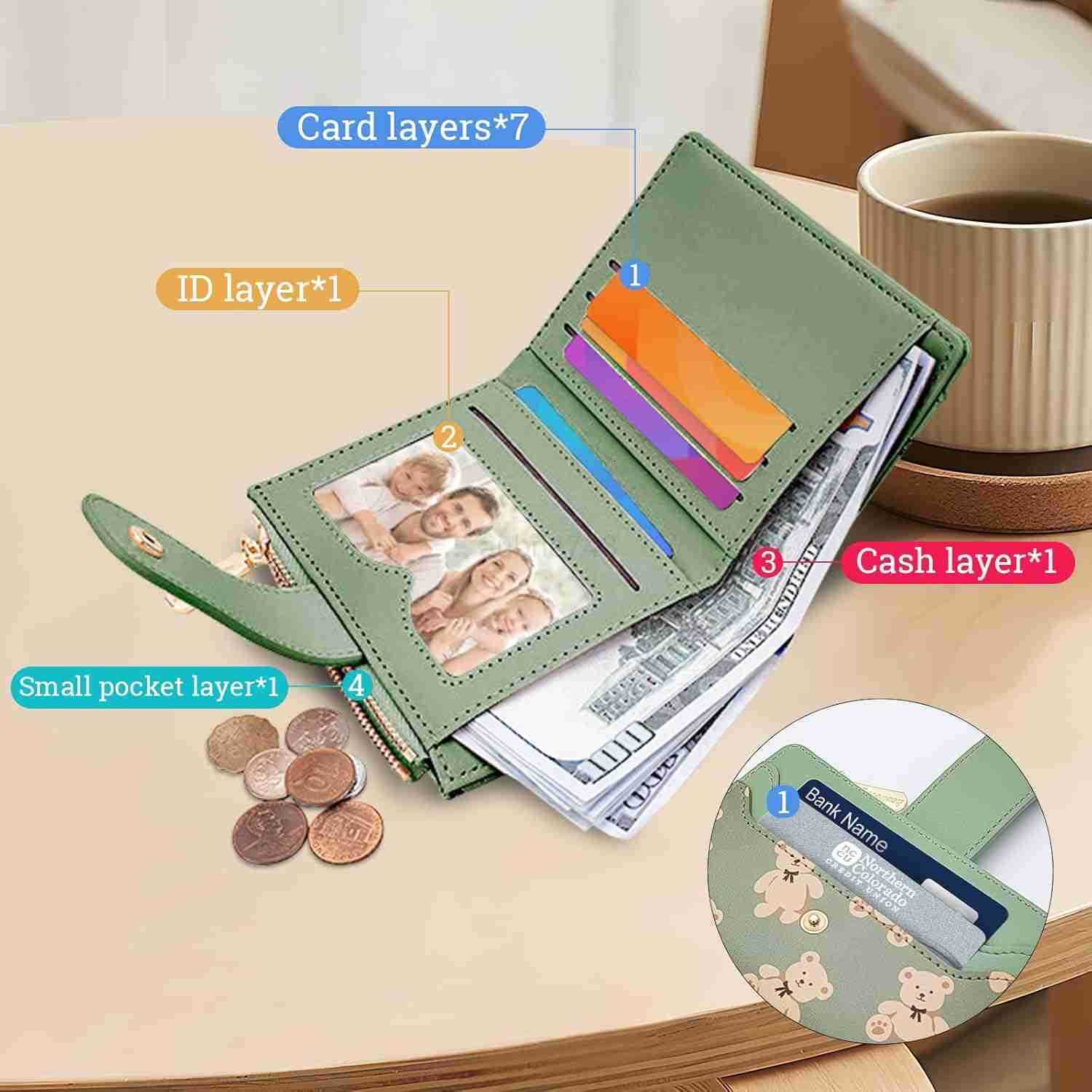 Cute Wallet for Women Bear Print Zip Bifold Wallet with Front Card Slot ID Window Cash Slot Short Women Wallet Elegant Youthful and Cute BrownZ250910