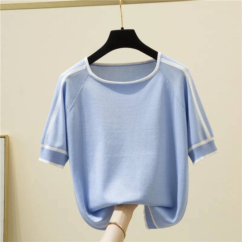 Casual Thin Knitted T-Shirt Camisetas Mujer Summer Short Sleeve Tops Elegant Woman Clothes Striped Fashion Tee Shirt Femme 18841 dongdumaoyi