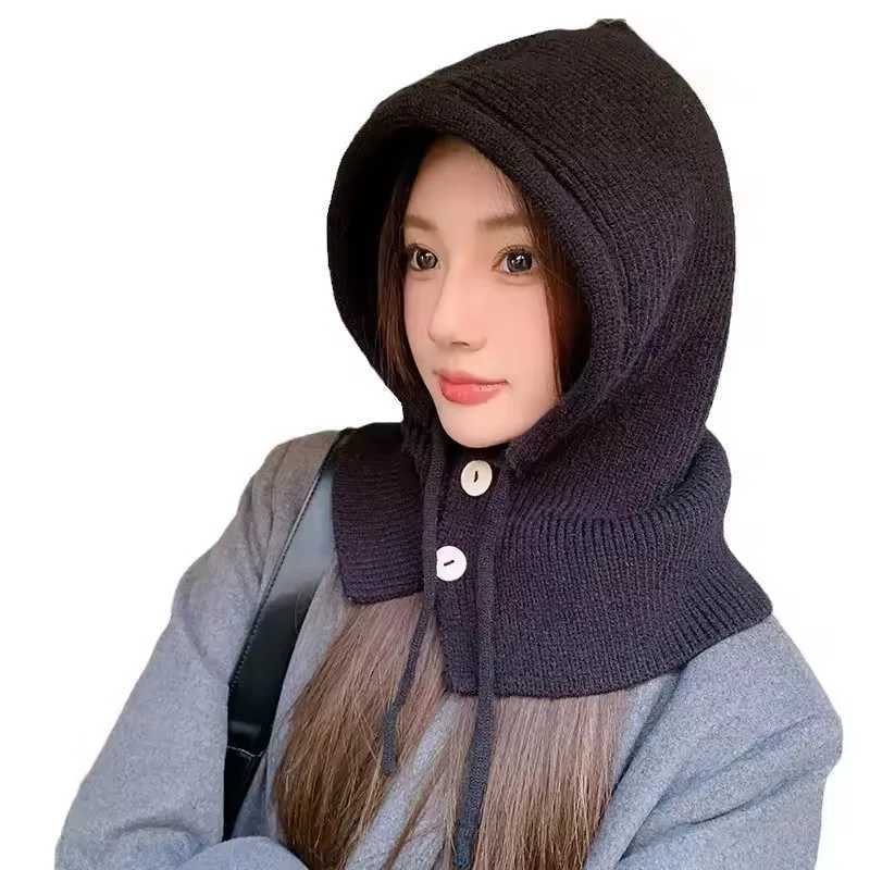 Knitted Hooded s Winter clava Hats Wen Korean Sty Outdoor Warmer Drawstring Hats Onepiece Neck Collar Beanies G250910