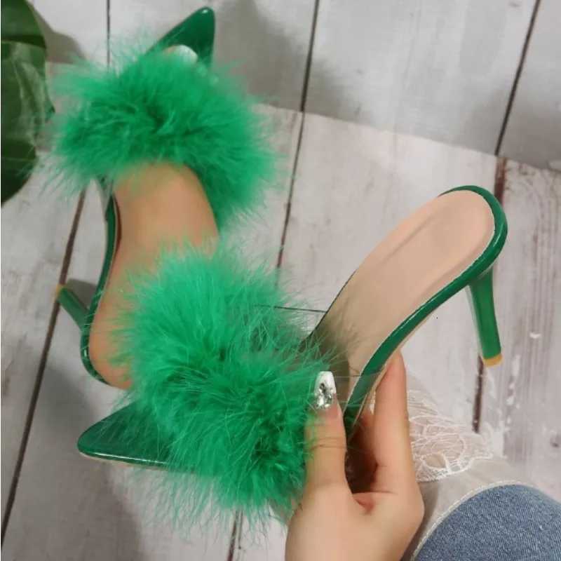 Summer New popular Sexy Feather Woman Slippers Transparent Perspex High Heels Stiletto Peep Toe Mules Lady Slides Shoes Rose W250910