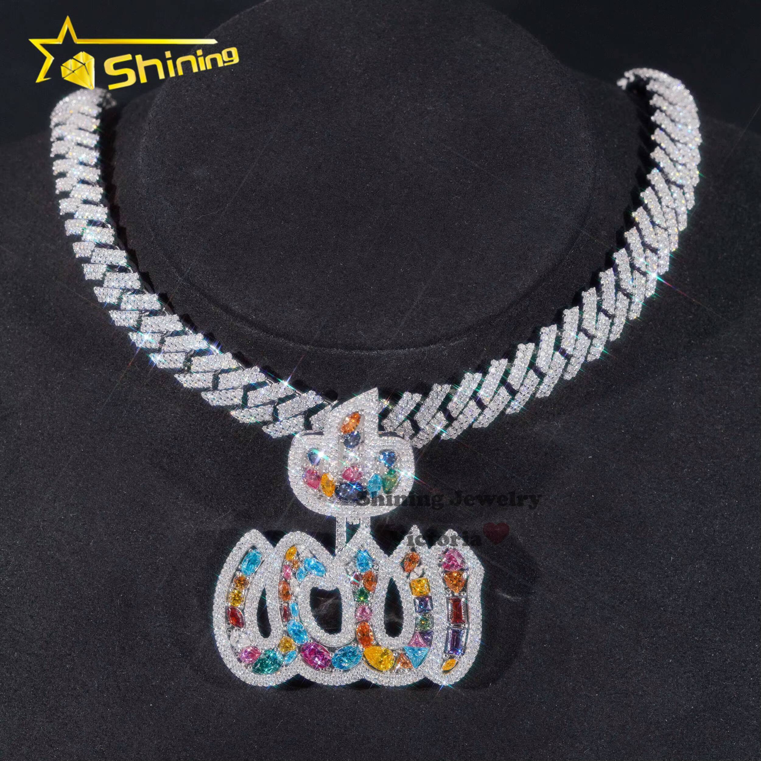 Custom Iced Out 925 Silver Fashion Jewelry Pendants Charms Hip Hop Soild 2 VVS Moissanite Colorful Diamond Fire Allah Pendant