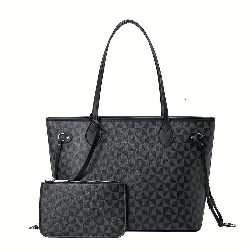 2Pc Women's High-Quality Light Print Commuting Fashion Large Capacity Tote Classic Son Mother Brown Printed Shoulder Bag
