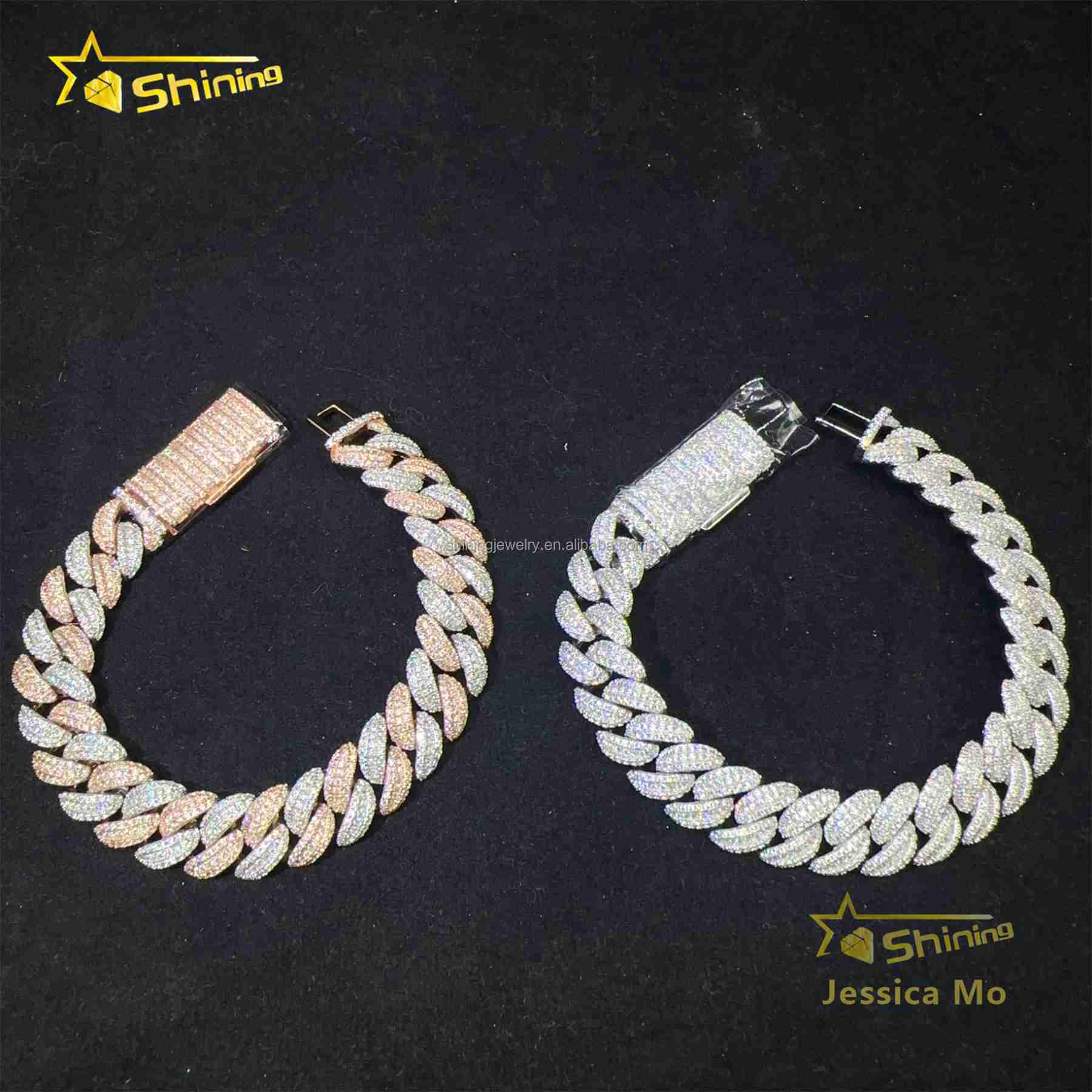 Fashion Luxury 13mm 3Rows Two Tone Color Rapper Hip Hop Jewelry VVS1 Moissanite Iced Out S925 Silver Miami Cuban Bracelet