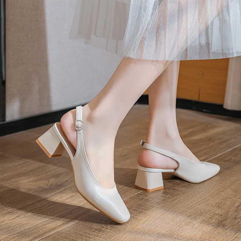 2024 New Mid Thick Heel High Heels Womens Shoes French Baotou Sandals Womens Summer Shallow Mouth Large W250910