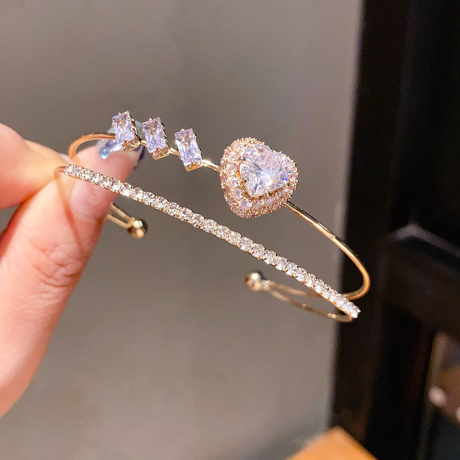 Silver - Toned Bangle With Heart - Shaped Crystal, Baguette Zircons And Sparkly Pave Design Delicate Daily & Luxe Jewelry Gift For Her High - Quality 