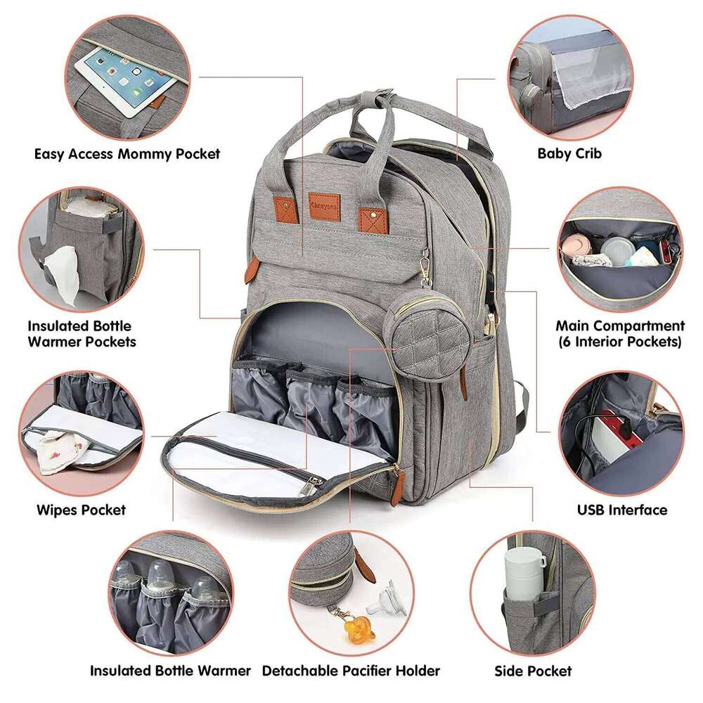 In 1 Foldable Baby Waterproof Travel USB Charge Diaper Bag Backpack with Changing Bed 3 types